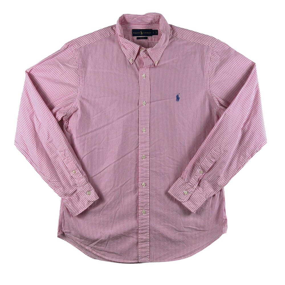 Ralph Lauren Shirt Mens Large Pink Stripe Long Sleeve Button Down Slim Fit